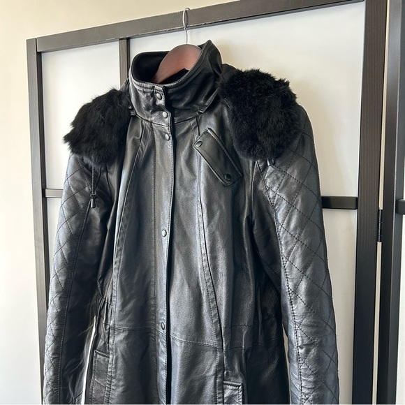 [XS] Vintage Danier Leather Moto Style Trench Coat Black Rabbit Fur Hood Winter - Picture 3 of 15